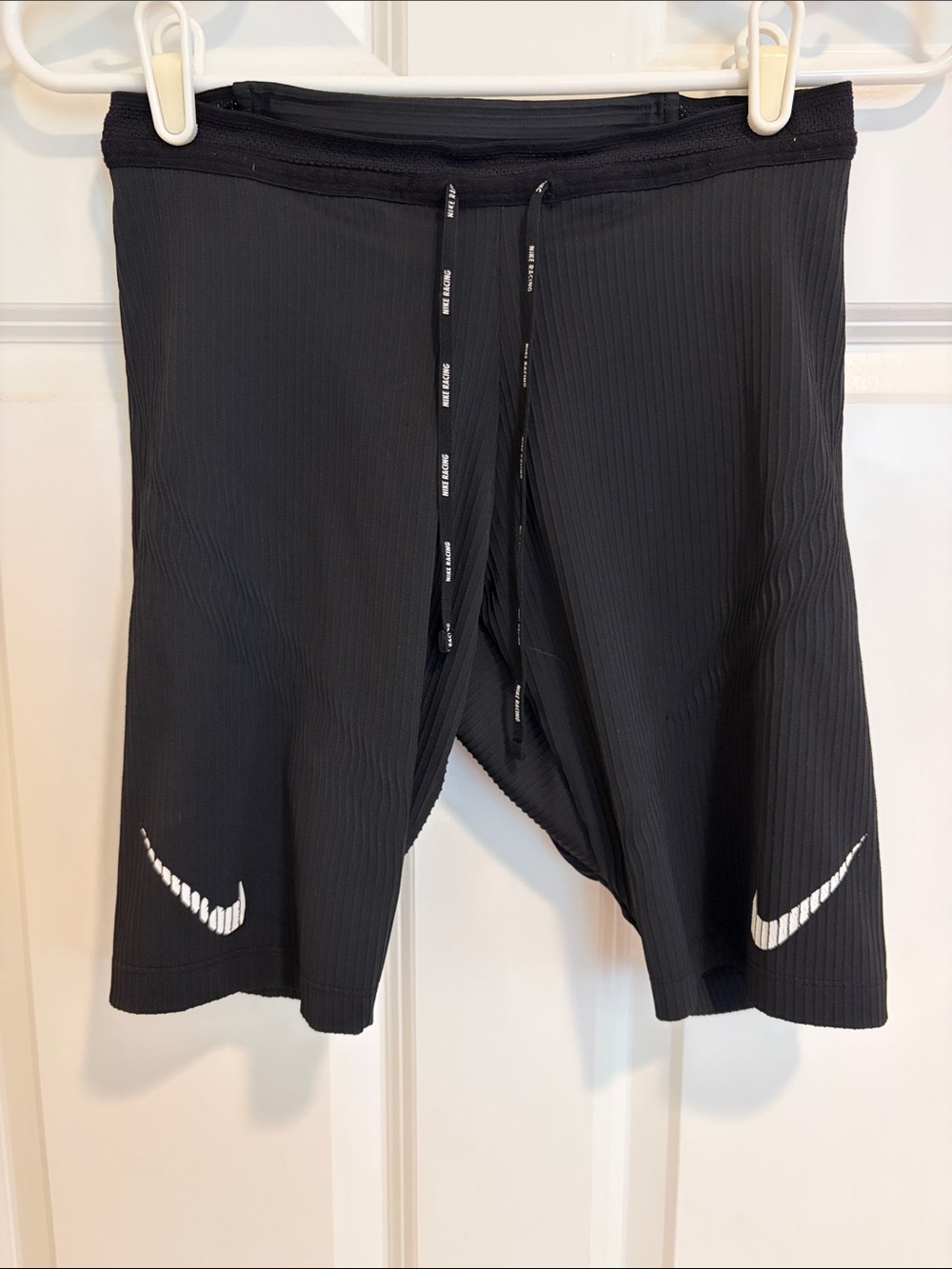 Nike Black Ribbed Half Tight Running Shorts with White Swooshes